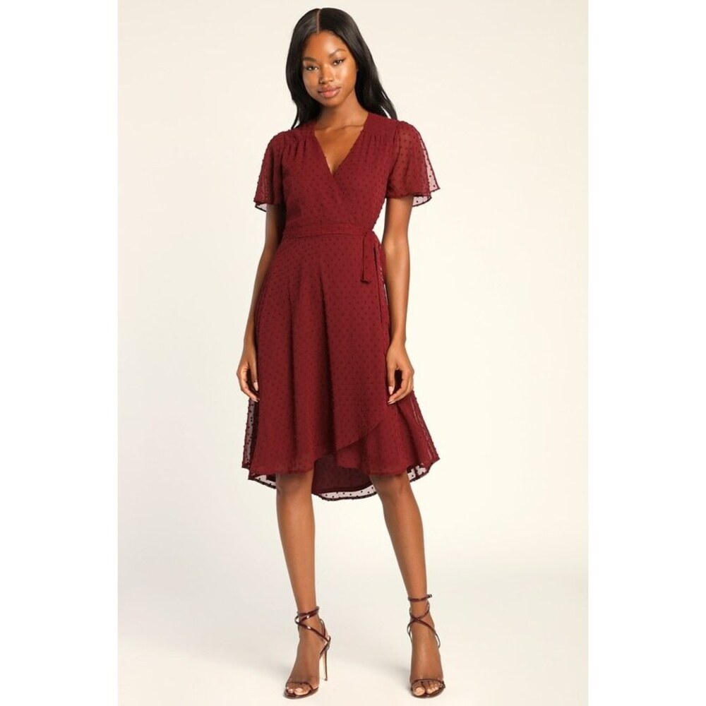 Lulus Classically Charming Burgundy Swiss Dot Wrap Midi Dress Red - Size XS